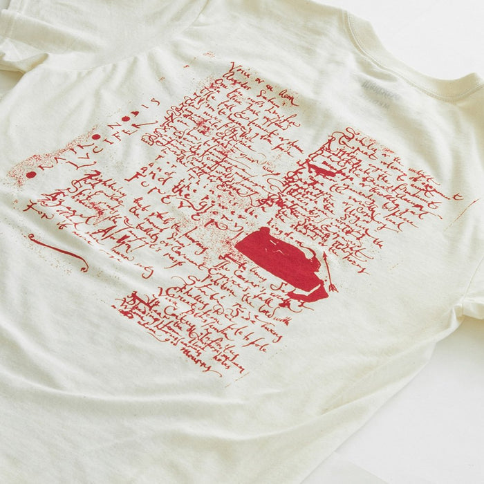 Back side of shirt showing red text