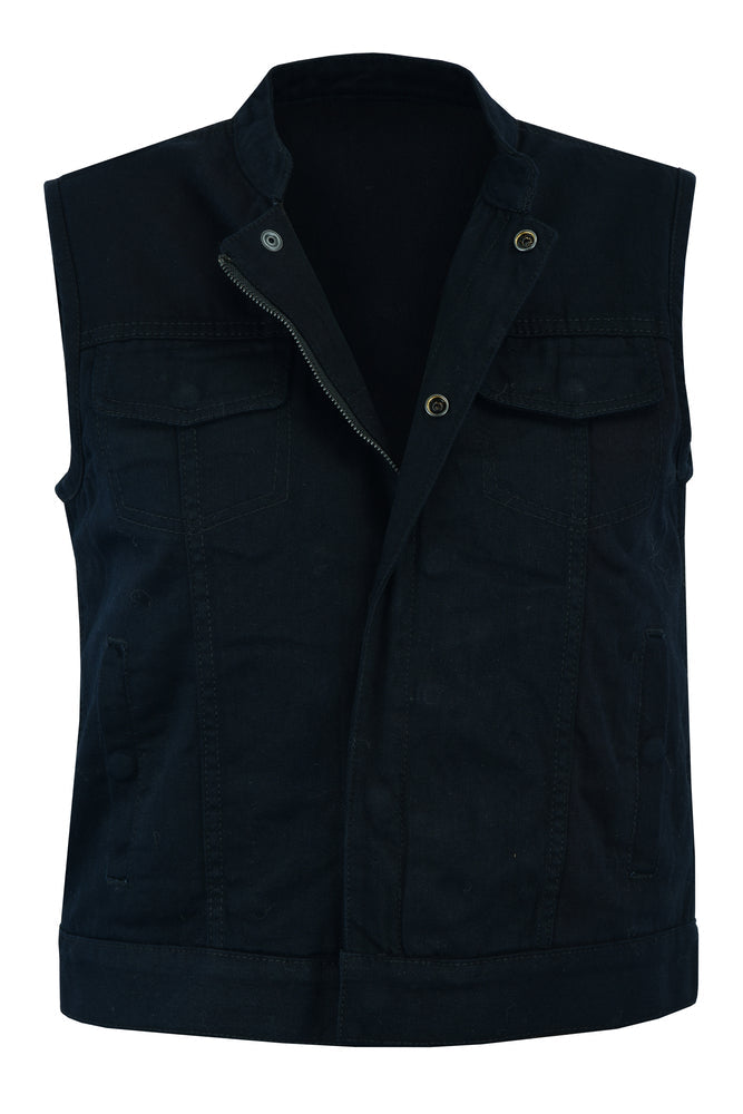 women's black denim vest with double side pockets, and double breast pockets. front zip with button snaps