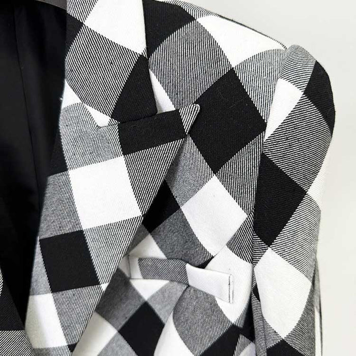 Women's black checked blazer coat featuring a stylish black and white check pattern
