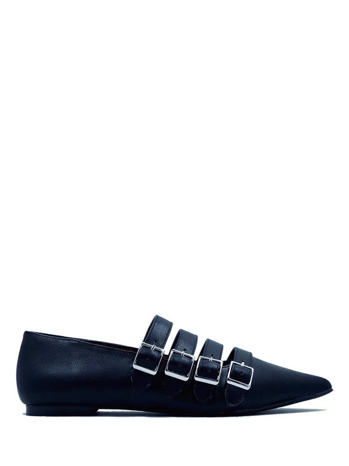 side of Black pointed toe shoe with four straps over the top with silver buckle details. Shoes are 100% vegan with a rubber outsole.
