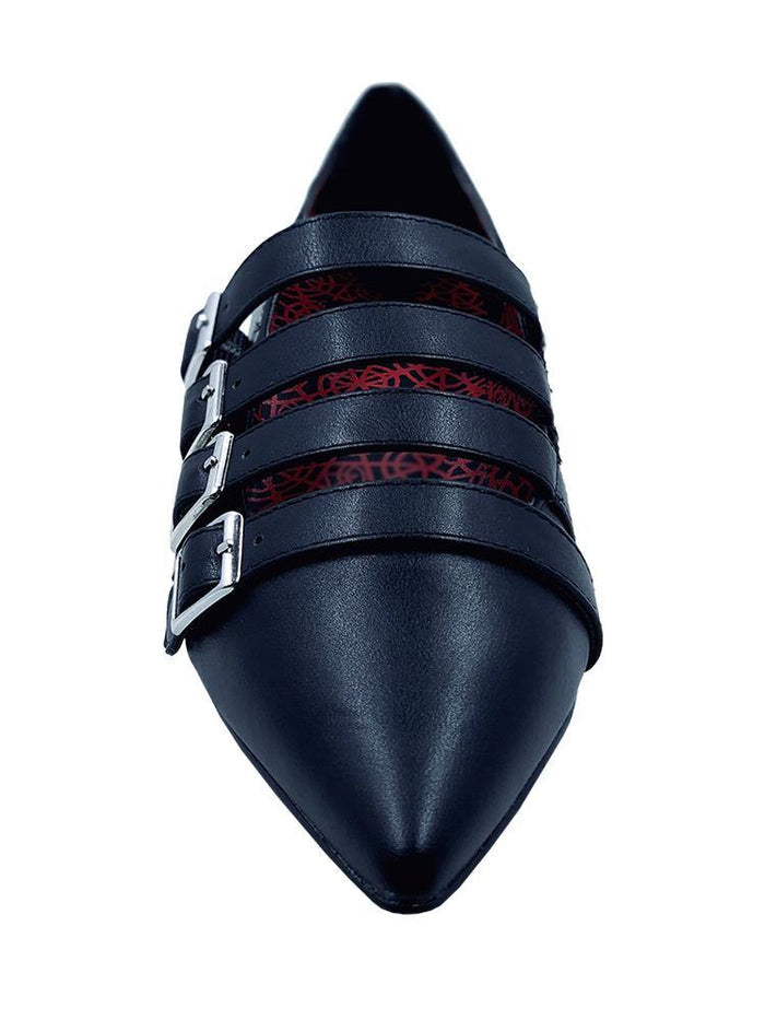 top of Black pointed toe shoe with four straps over the top with silver buckle details. Shoes are 100% vegan with a rubber outsole.