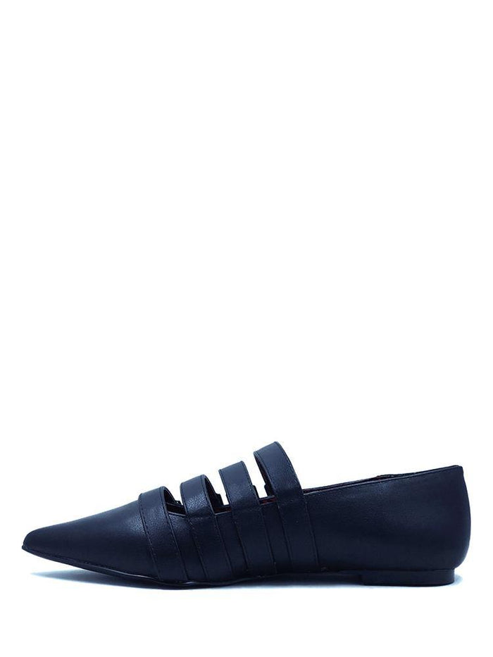 side of Black pointed toe shoe with four straps over the top with silver buckle details. Shoes are 100% vegan with a rubber outsole.