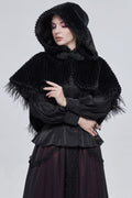 model showing front of cloak with hood up