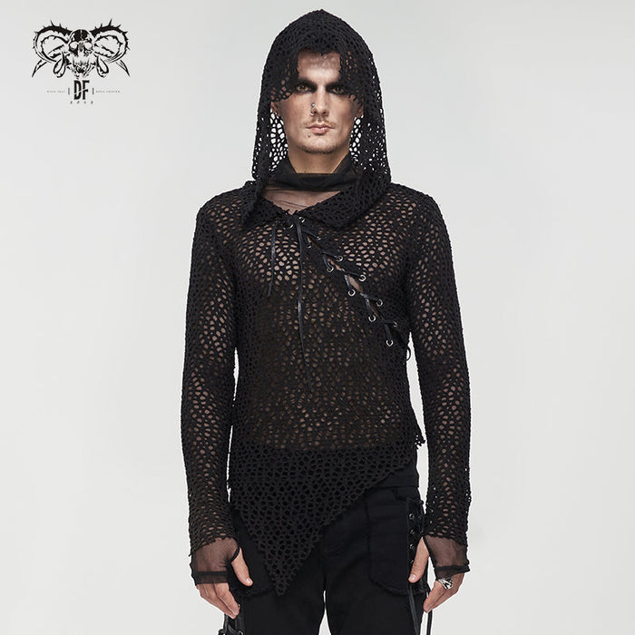 model showing front of shirt with hood up