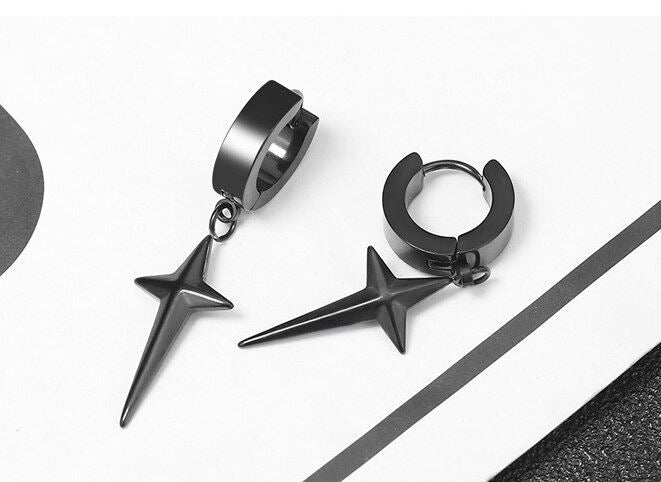 Black stainless steel round clasp style slight hanging earring with star cross.