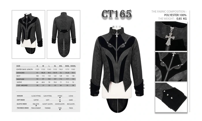 up close details on jacket and size chart