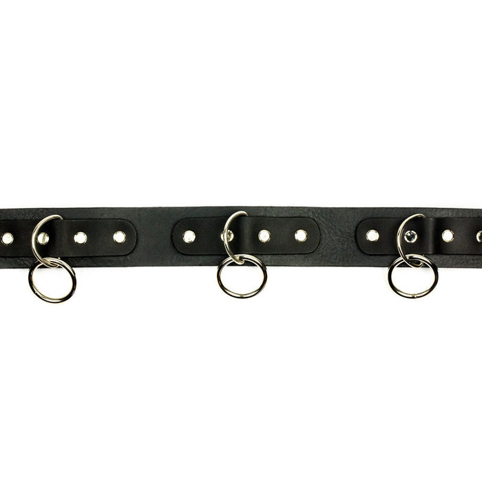 black bondage belt with silver hanging o rings