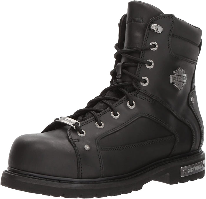 black leather ankle height boots with harley davidson metal emblem on side