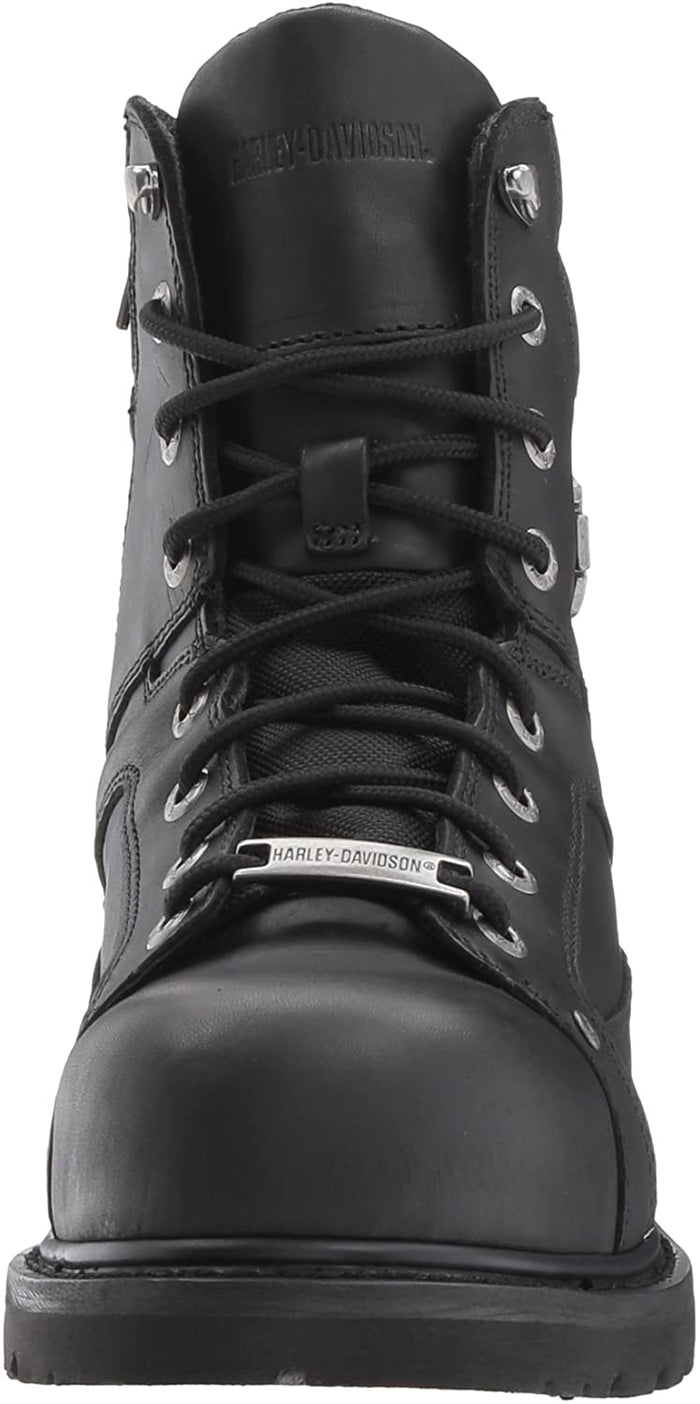 black leather ankle height boots with harley davidson metal emblem on side front view