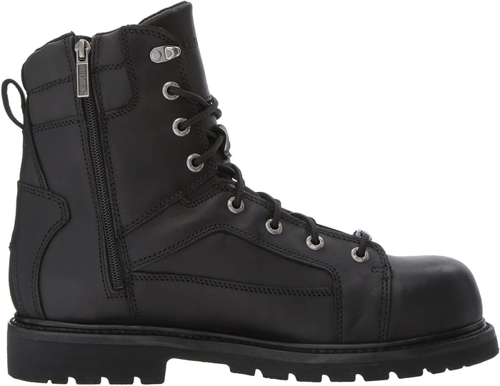 black leather ankle height boots with harley davidson metal emblem on side side view displaying side zipper
