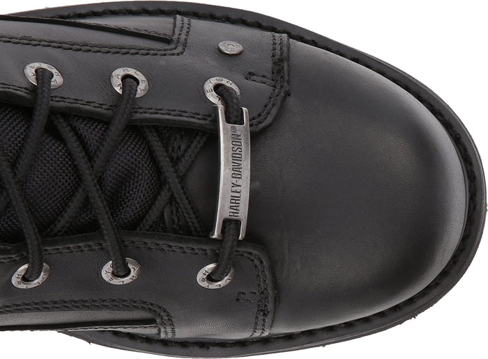 black leather ankle height boots with harley davidson metal emblem on side top view