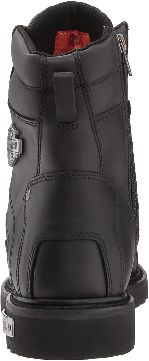 black leather ankle height boots with harley davidson metal emblem on side back view