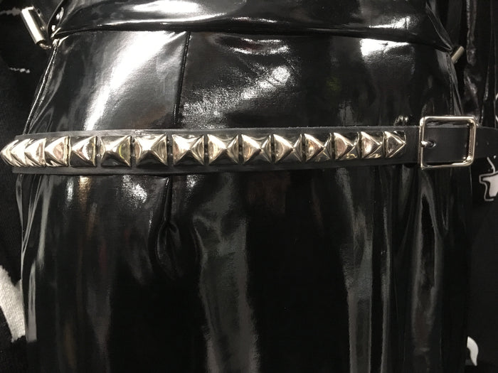 black leather belt with single row of multiple silver pyramid studs