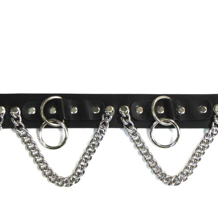 black bondage belt with silver hanging o rings and silver hanging chain