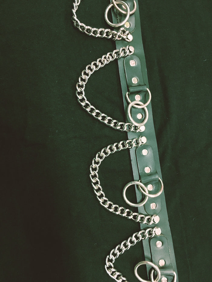 black bondage belt with silver hanging o rings and silver hanging chain