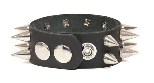 Black leather bracelet with two rows of cone silver spikes.