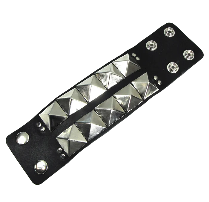 Black Leather Bracelet w/ 2 Rows of XL Silver Pyramid Studs