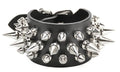 Black leather bracelet with three rows of silver spikes. Top and bottom row consist of 1/2" silver spikes. Center row consists of 1" silver spikes.