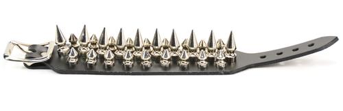 Black leather bracelet with three rows of silver spikes. Top and bottom row consist of 1/2" silver spikes. Center row consists of 1" silver spikes.