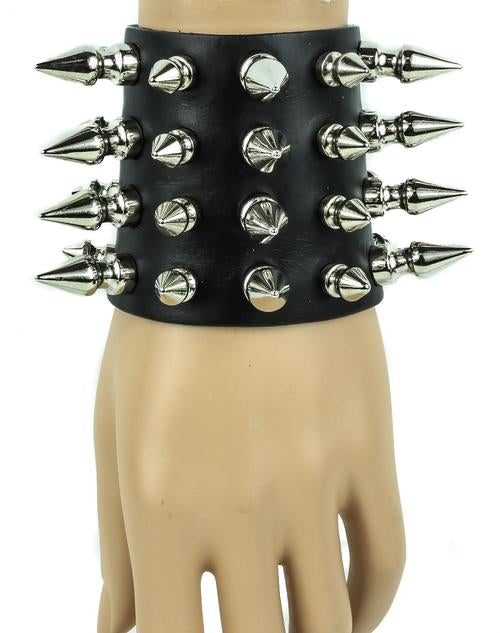 Black leather bracelet with four rows of 1" spikes, four rows of 1/2" spikes.