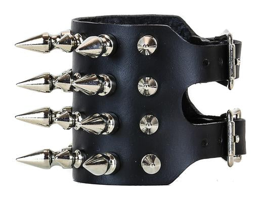 Black leather bracelet with four rows of 1" spikes, four rows of 1/2" spikes.