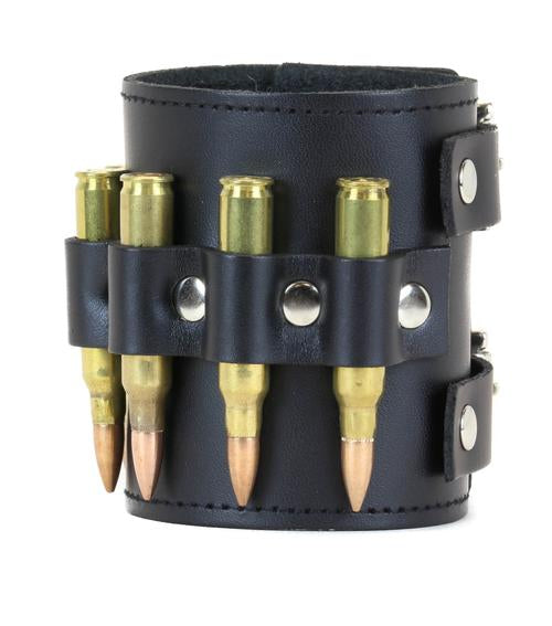 Black leather bracelet five brass bullets.