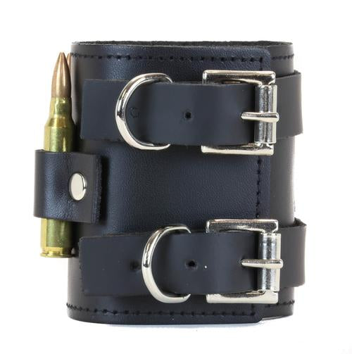 Black leather bracelet five brass bullets.
