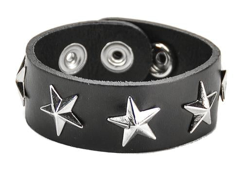 Black leather bracelet with 5 silver star studs.