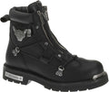 Black leather boot with silver zippers and details on a white background