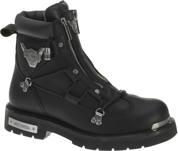 Black leather boot with silver zippers and details on a white background