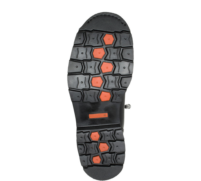 Close-up of a shoe sole with orange and gray pattern on a white background