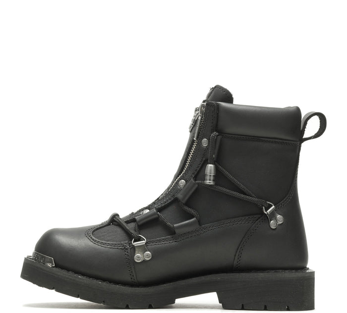 Black leather boot with zippers on a white background