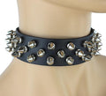 Black leather collar with three rows of silver 1/2" tree spikes.
