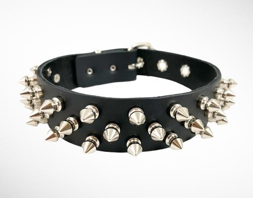 Black leather collar with three rows of silver 1/2" tree spikes.