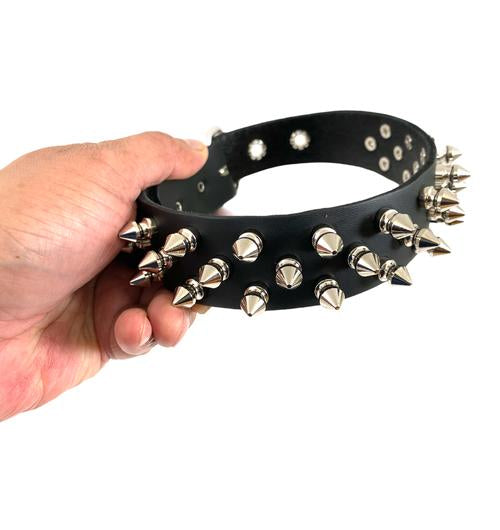 Black leather collar with three rows of silver 1/2" tree spikes.