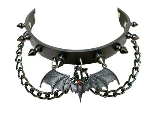 Black leather collar with 1/2" black spikes, black hanging chain, and black bat with red eyes hanging from the front center.