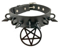 Black leather collar with 1" black spikes, U ring detail, and 2" black inverted pentagram hanging from front center.