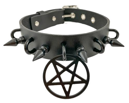 Black leather collar with 1" black spikes, U ring detail, and 2" black inverted pentagram hanging from front center.
