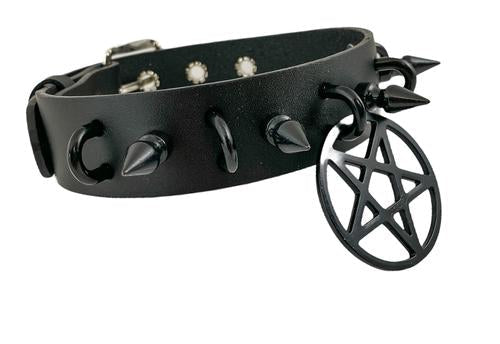 Black leather collar with 1" black spikes, U ring detail, and 2" black inverted pentagram hanging from front center.