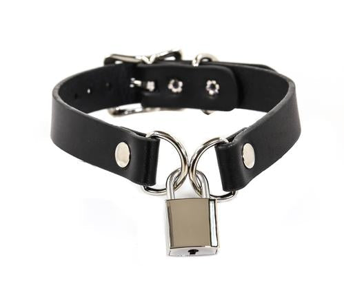 mannequin displaying black leather collar with D ring small silver lock closure on front center. shows adjustable belt closure