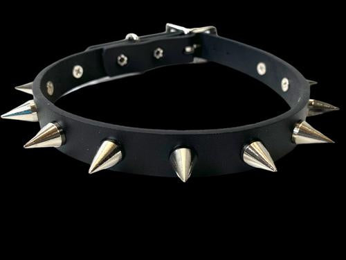 Black leather collar with single row of small silver cone spikes.