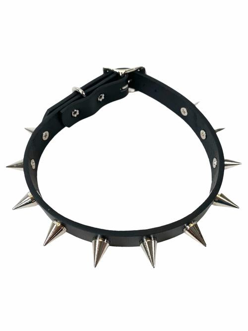 Black leather collar with single row of small silver cone spikes.