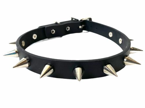 Black leather collar with single row of small silver cone spikes.