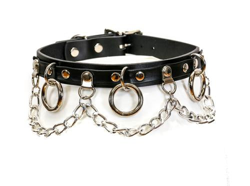 Black leather collar with silver hanging O rings and silver hanging chain.