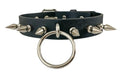 Black leather collar with 1" silver spikes and 2" O ring hanging from the center.