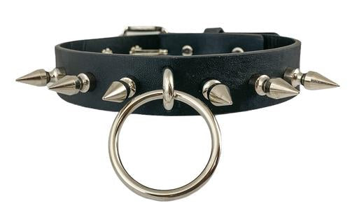 Black leather collar with 1" silver spikes and 2" O ring hanging from the center.