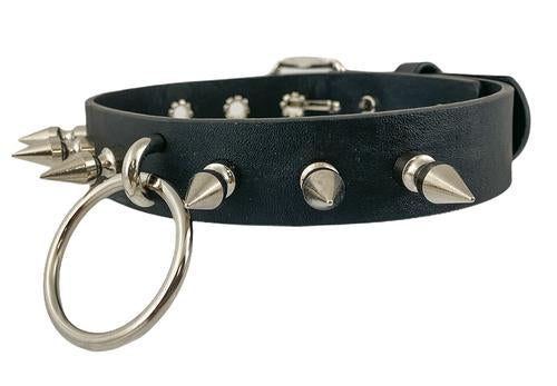 Black leather collar with 1" silver spikes and 2" O ring hanging from the center.