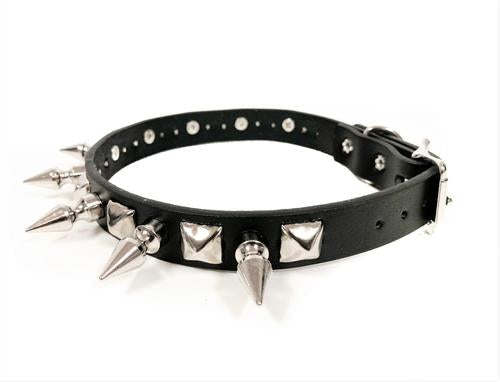 black leather collar with single row of silver spikes and silver pyramid studs