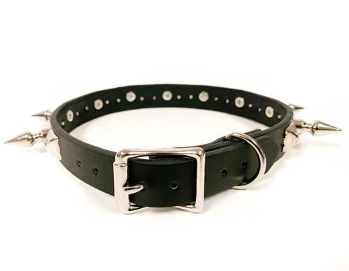 black leather collar with single row of silver spikes and silver pyramid studs. shows adjustable buckle closure
