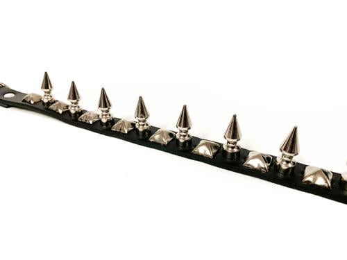 black leather collar with single row of silver spikes and silver pyramid studs